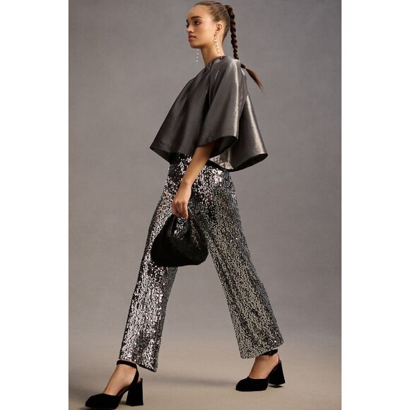 NWT Anthropologie Colette Cropped Wide-Leg Sequin Pants 28 Silver Cocktail $198 - Picture 3 of 11